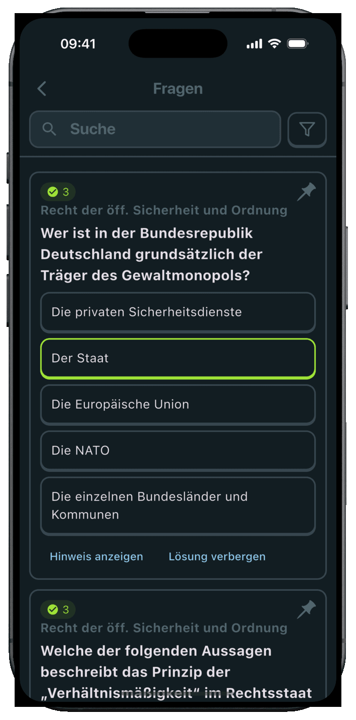 Prüfungsfrage im Fragenkatalog mit aufgedeckter Lösung