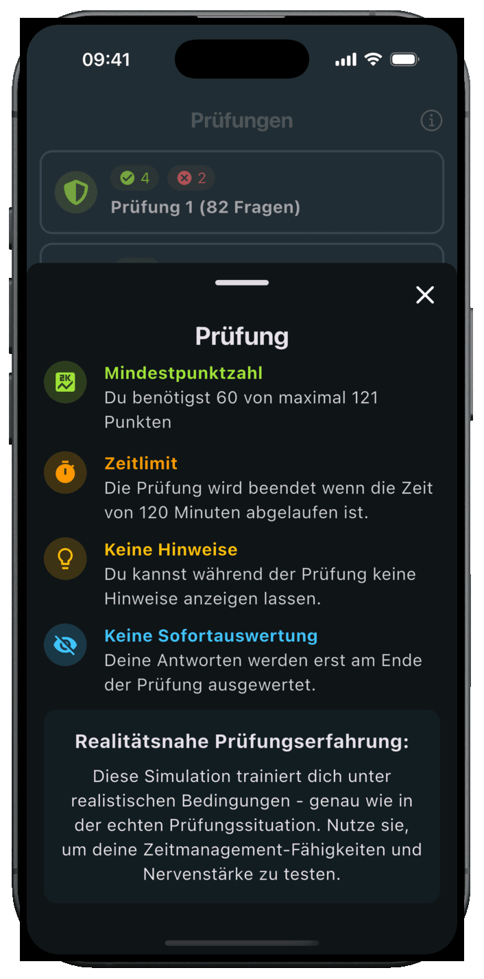 Die Regeln der Prüfungssimulation: 60 von 121 Punkten, 120 Minuten